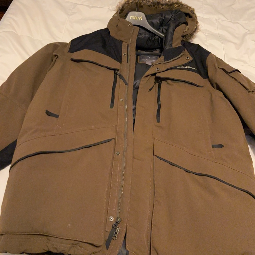 Eddie Bauer Green and Black Ski Jacket with Fur Hood